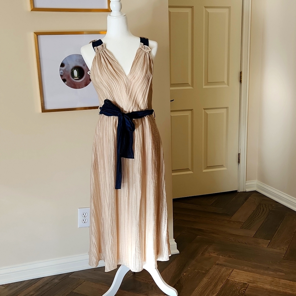 Women's Sleeveless V-Neck Solid Organza Fit and Flare Dress